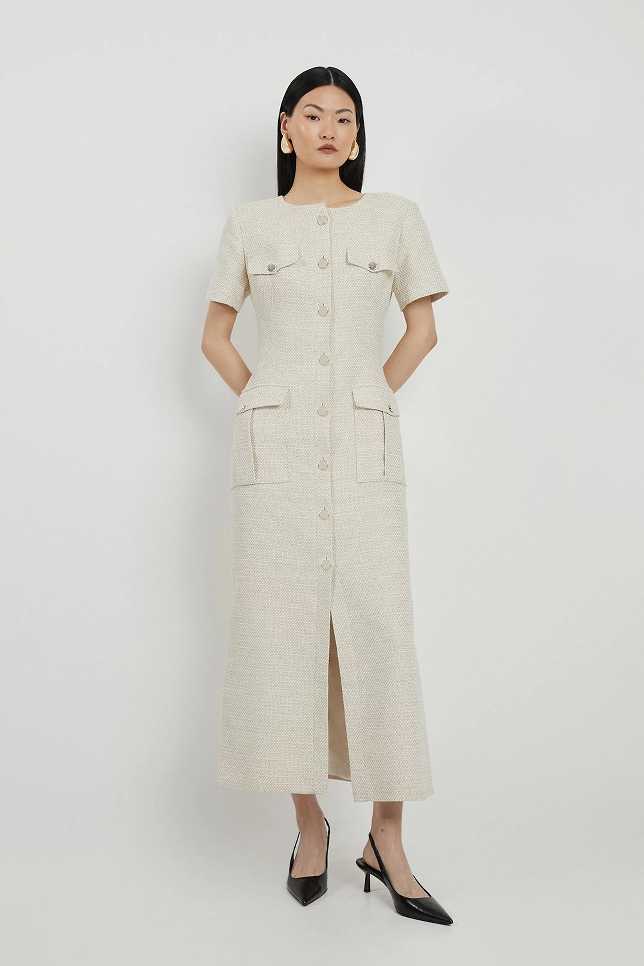 Boucle Pocket Detail Button Through Tailored Midi Dress | Karen Millen UK + IE + DE + NL