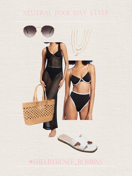 Pool day style, neutral pool day outfit, target swim finds, neutral bathing suit, black and white high waisted swimsuit, white sandals, straw pool bag, trendy sunglasses, gold layered necklace, black crochet swim coverup, maxi coverup 

#LTKStyleTip #LTKSeasonal #LTKSwim
