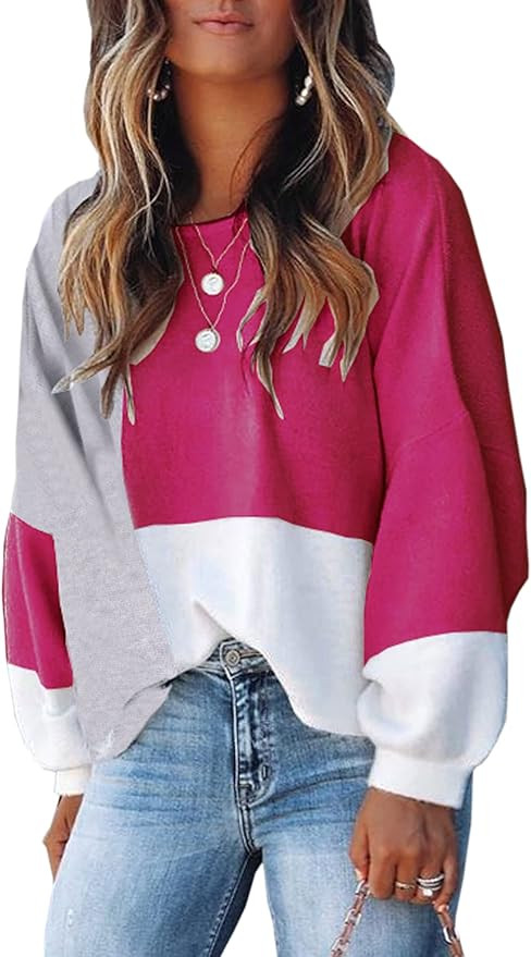 ECOWISH Women Sweater Long Sleeve Color Block Knit Pullover Sweaters Crew Neck Patchwork Casual L... | Amazon (US)