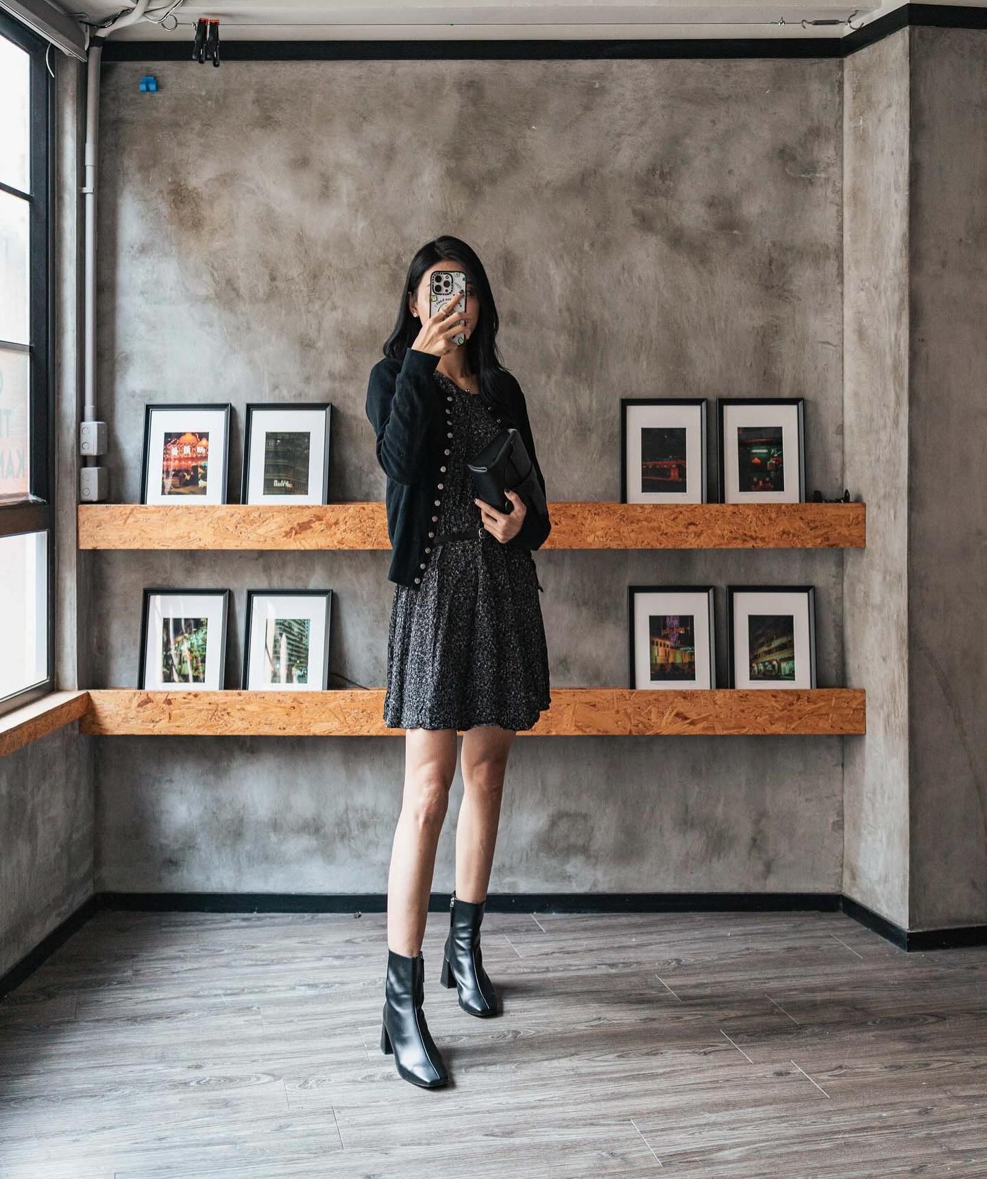 Parisian OOTD wearing agnes. b black Snap cardigan, American Vintage black floral dress, Uniqlo black skinny belt, ALOHAS black Watercolor ankle boots, Senreve black Aria bag, Casetify Ketnipz phone case. Hair styled with GHD .

#LTKstyletip #LTKshoecrush #LTKitbag