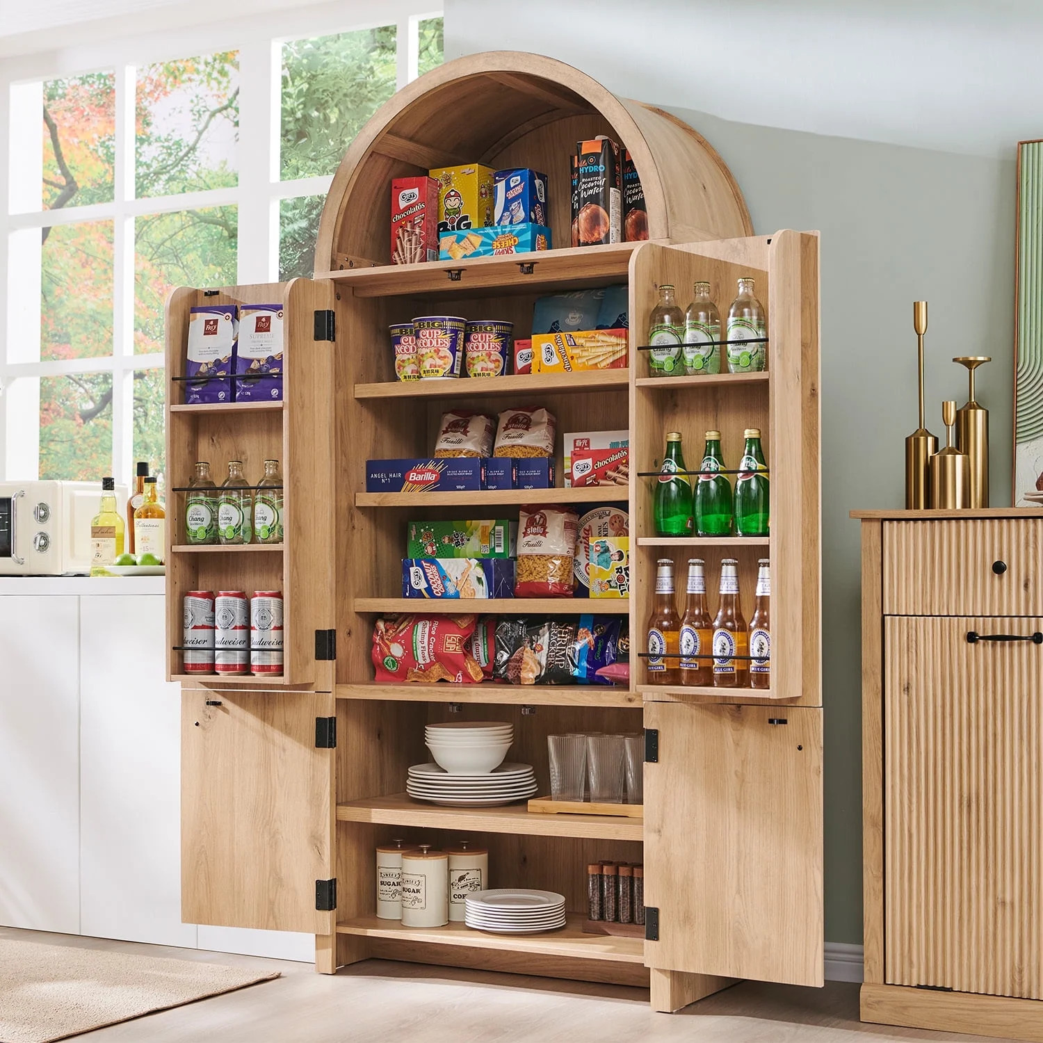 SinCiDo Arched Pantry Storage Cabinet with 4 Fluted Wood Doors, 71" Modern Kitchen Organizer with... | Walmart (US)