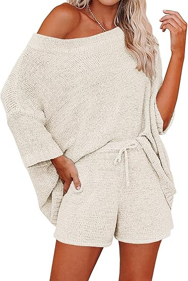 Ermonn Womens 2 Piece Outfits Sweater Sets Off Shoulder Knit Tops Waist Short Suits Casual Pajama... | Amazon (US)