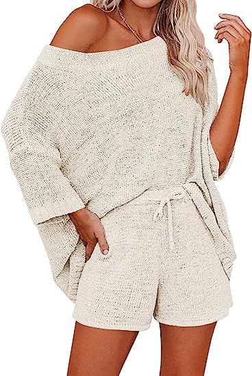 Ermonn Womens 2 Piece Outfits Sweater Sets Off Shoulder Knit Tops Waist Short Suits Casual Pajama... | Amazon (US)