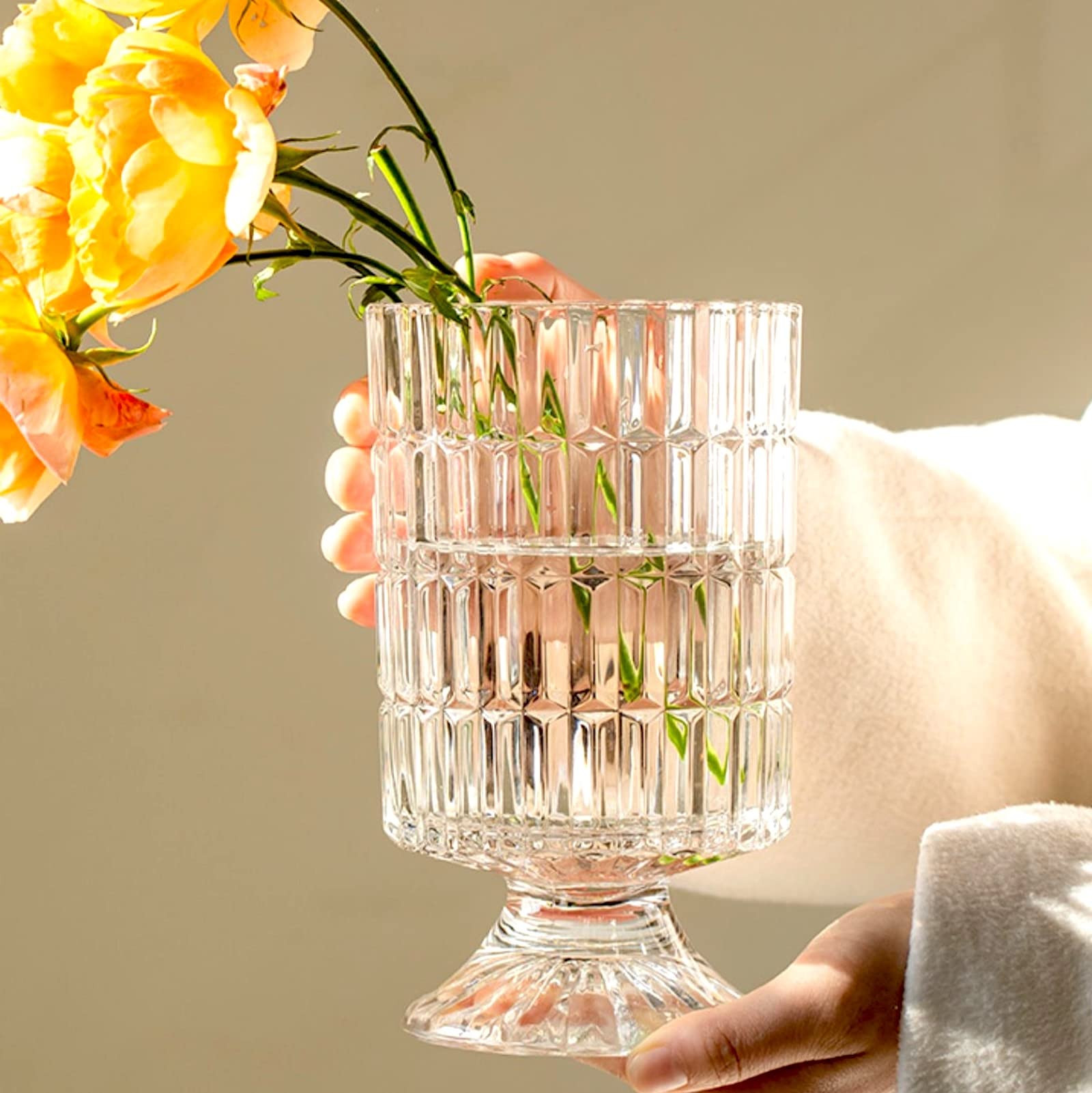 BLOFLO Embossed Glass Vase, 7'' Crystal Glass Vases, Pedestal Big Base Glass Bouquet Vase, Hydrop... | Amazon (US)