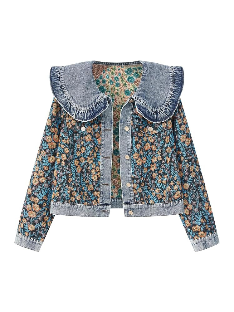 Xaspee Womens Peter Pan Collar Cropped Jean Jacket Embroidered Jacquard Long Sleeve Casual Floral... | Amazon (US)