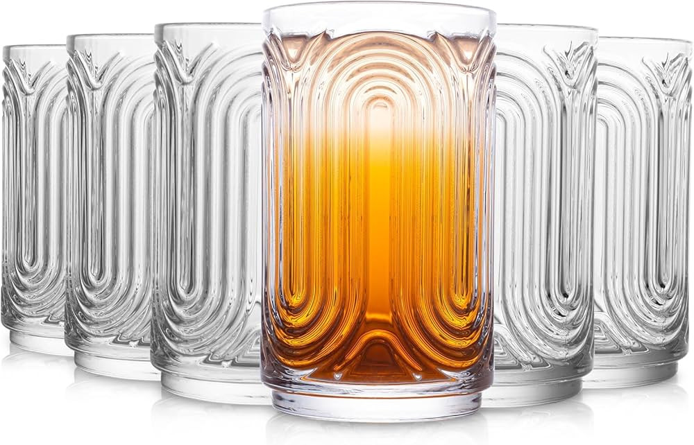INSETLAN Set of 6 Vintage Glassware - 14 oz Water Drinking Glasses, Art Deco Ripple Glass Cup, Co... | Amazon (US)