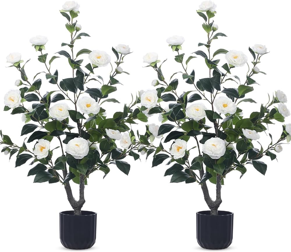 Jexine 2 Pack 36" Artificial Tree with Camellia, Fake Tree with 24 Blooming Flowers, Flower Plant... | Amazon (US)