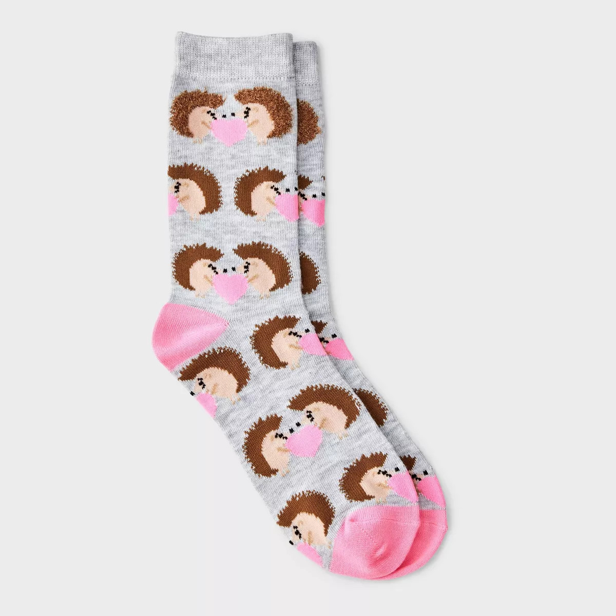 Women's Hedgehogs Valentine's Day Crew Socks - Gray/Light Pink 4-10 | Target