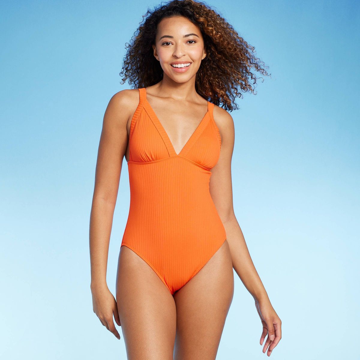 Women'sRibbed Triangle One Piece Swimsuit - Shade & Shore™ Orange M: Full Coverage, Adjustable ... | Target