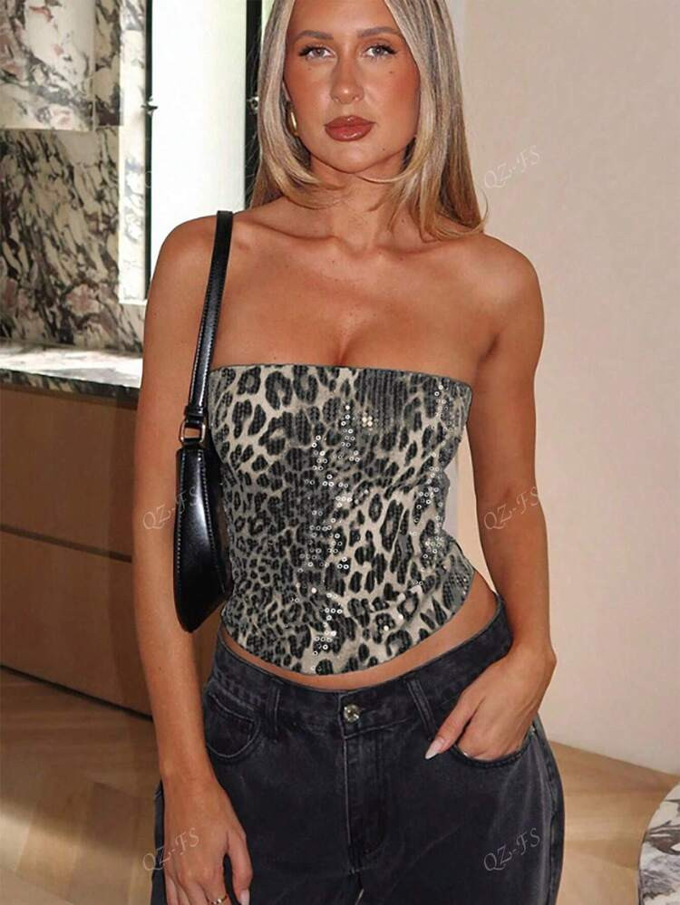 Women's Sexy Elegant Leopard Print Sequins Detail Bandeau Top | SHEIN