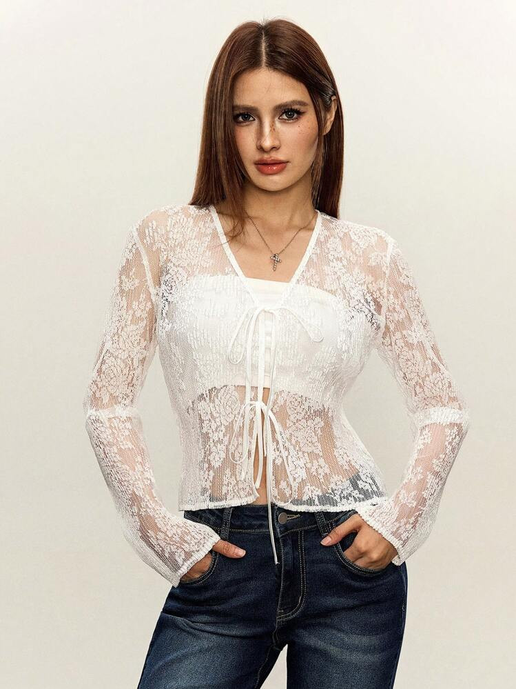 Rina Fox Lace Frill Front Bowknot Women's Sheer Thin Jacket Fall Cloth For Women | SHEIN