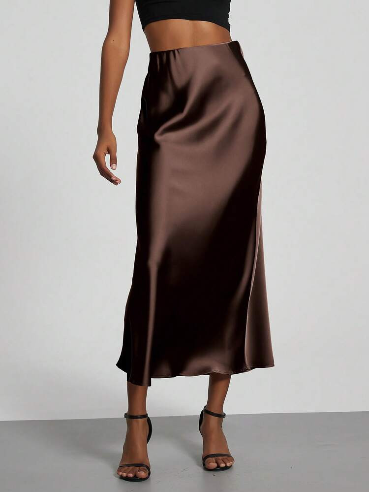 Se-Helo Fashion Women's Elastic Satin Finish Maxi Skirt - Dark Coffee Spring | SHEIN