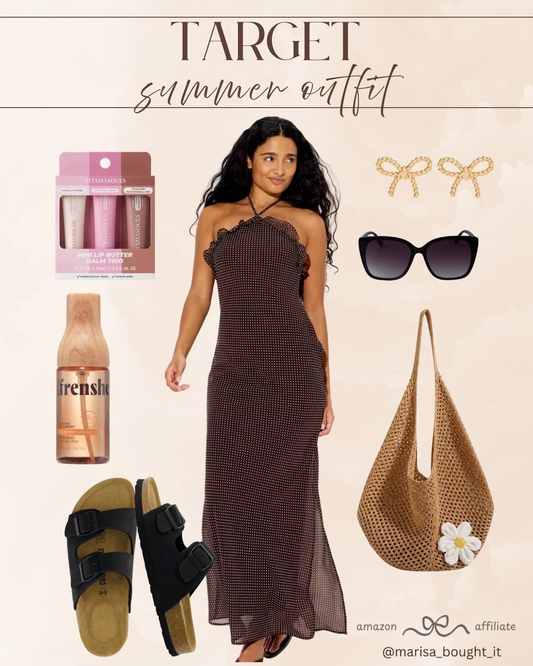 I am absolutely obsessed with this effortless Target summer outfit inspiration! 🤎 

I paired a stunning patterned halter maxi dress with casual black double-strap sandals, a woven straw bag, oversized sunglasses, cute gold bow earrings, and must-have summer beauty finds.

Shop this entire gorgeous look now. ✨

#TargetFashion #SummerStyle #OOTD #MaxiDress #SummerSandals #TargetHaul

#LTKootd #LTKSeasonal