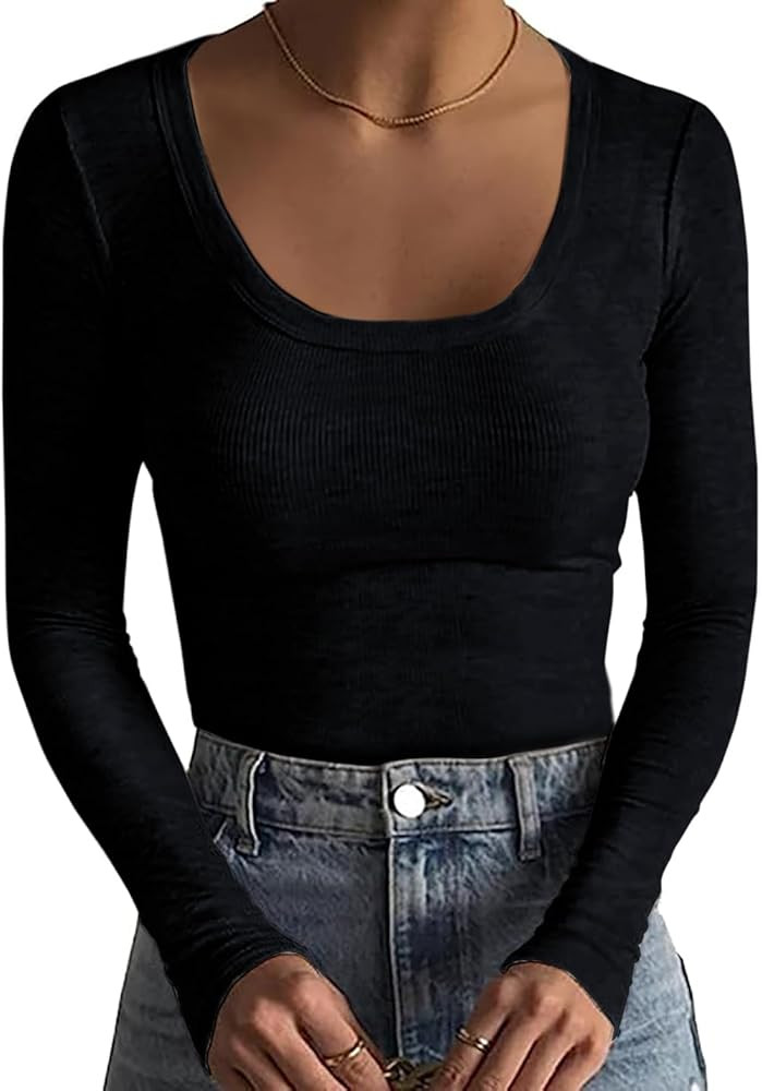Basicspace Women's Scoop Neck Long Sleeve Stretch Slim Fitted Casual Shirts Ribbed Basic T Shirts | Amazon (CA)