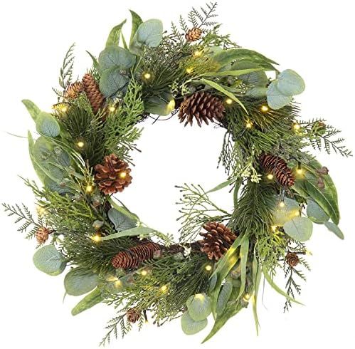Lighted Christmas Wreath for Front Door Green Wreath Decorated with Pine Cones,Berry Clusters, Ab... | Amazon (US)
