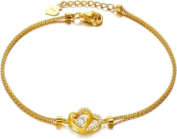 18k Yellow Gold Cubic Zirconia Heart Bracelets for Women, Real Gold Love Jewelry Gifts for Her, 6... | Amazon (US)