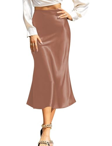 Satin Skirts for Women Trendy, High Waisted Womens Skirts Midi Long Length, Elegant Zipper Flared Elastic A-line Silk Skirts (Medium, Brown) | Amazon (US)