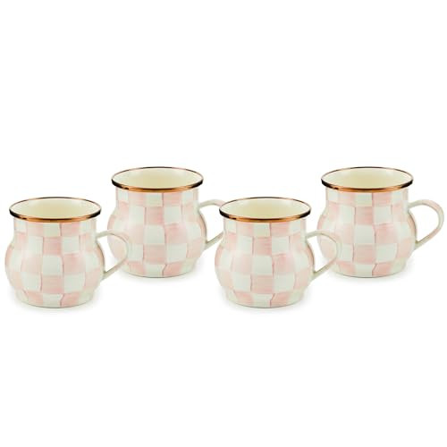 MACKENZIE-CHILDS Enamel Mug, Cute Enamelware Coffee and Tea Mug, Unique Drinkware, 16 Ounces, Pink-and-White Rosy Check, Set of 4 | Amazon (US)