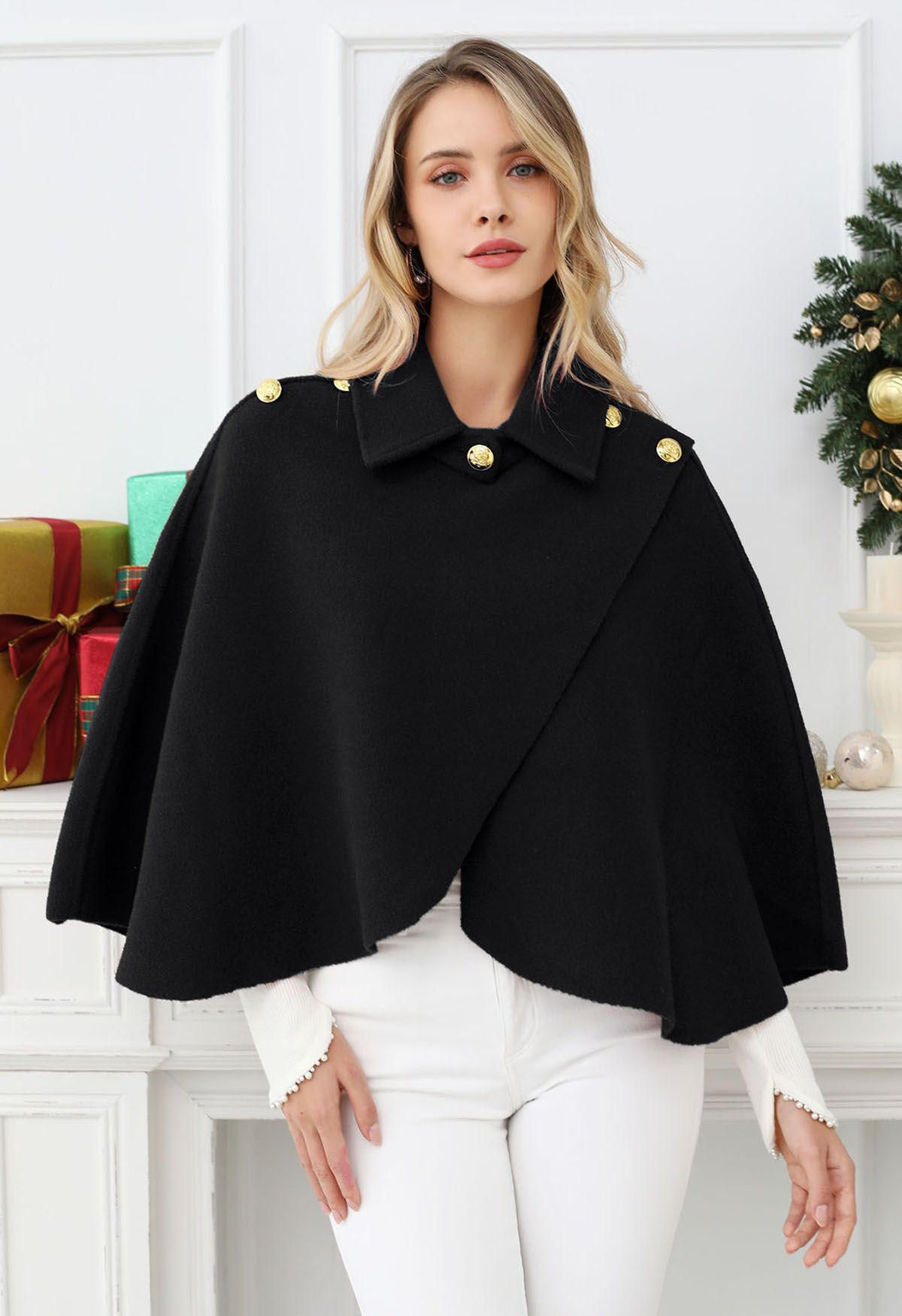 Golden Button Wrapped Knit Cape in Black | Chicwish