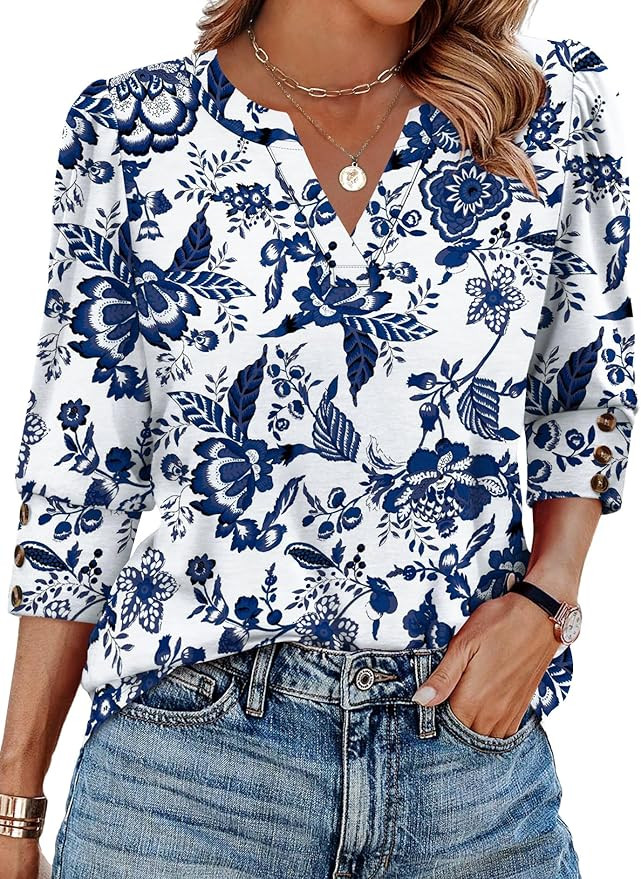 WIHOLL 3/4 Length Sleeve Womens Tops with Button Cuffs Dressy Casual V Neck Summer Outfits Early ... | Amazon (US)