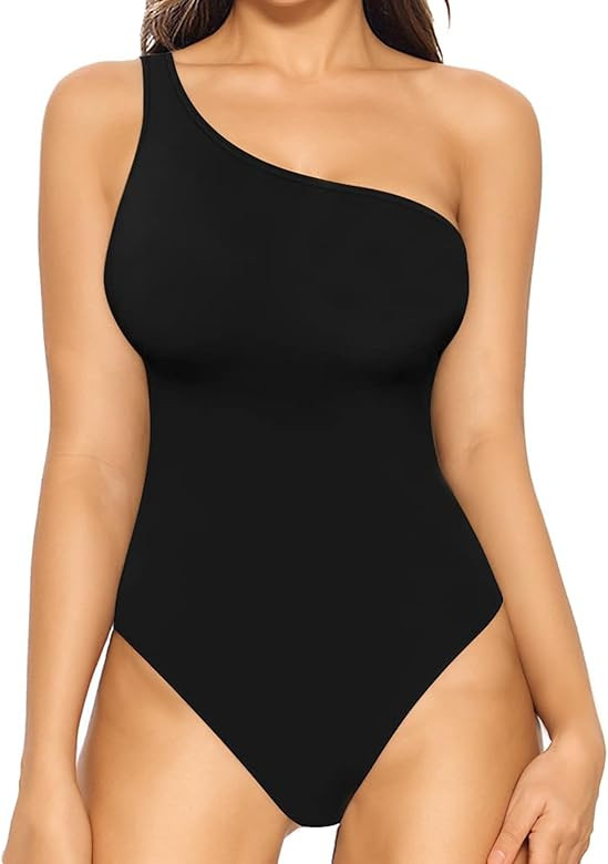 MANGOPOP Women's One Shoulder Off Shoulder Long Sleeve Bodysuit Tops | Amazon (US)