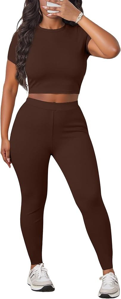 LovelyWholesale Women Summer 2 Piece Outfits Short Sleeve Crop Top and Leggings Workout Sets | Amazon (US)