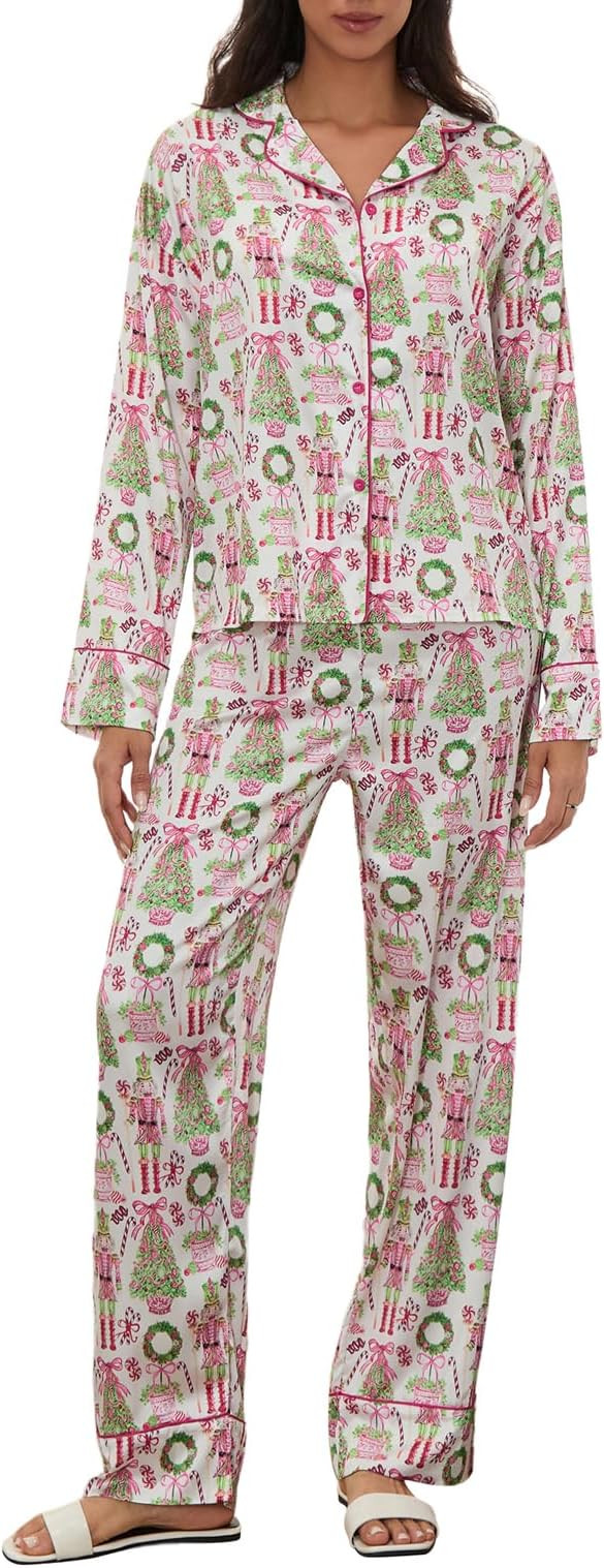 Women Christmas Pajama Set Y2k Nutcracker Long Sleeve Shirt and Pjs Pants Cute Satin Pajama Outfi... | Amazon (US)