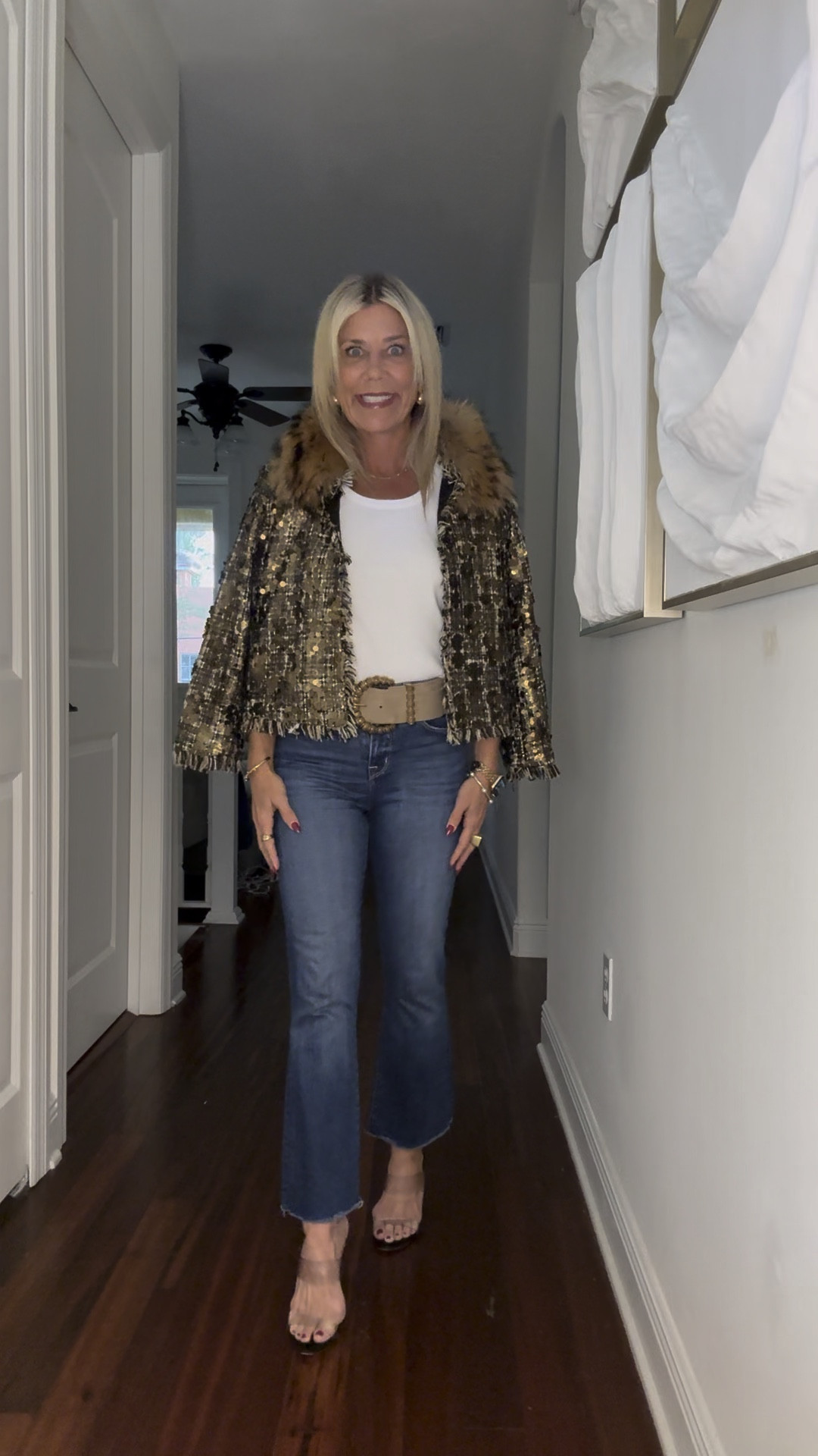 Nothing like a glam blazer to dress up a holiday outfit. This blazer is old from
Luminary Boutique but tagging similar fun styles. Paired with a t-shirt, jeans and belt for an effortless casual look.

#LTKHoliday #LTKSeasonal #LTKOver40