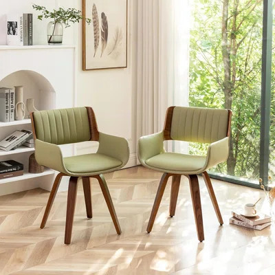 Mid Century Modern Dining Chairs Set Of 2,Swivel Accent Faux Leather Desk Chairs, With Wooden Legs/Armrest/Upholstered Seat/Adjustable Foots For Kitch | Wayfair North America