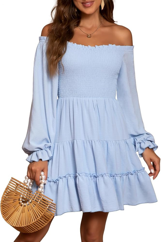 Women's Square Neck Smocked Dress Off Shoulder Long Sleeve Ruffle Hem Short Dress Flowy Casual Mi... | Amazon (US)