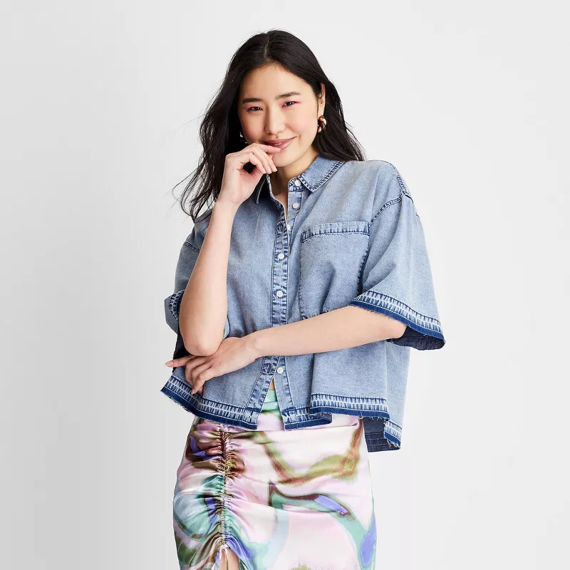 Women's Short Sleeve Boxy Denim Shirt - Future Collective™ with Gabriella Karefa-Johnson Blue | Target