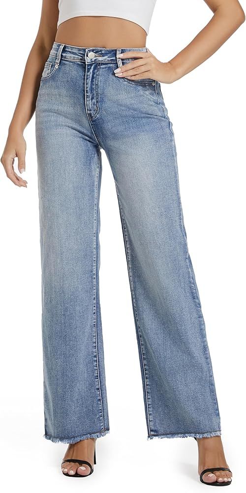 Straight Leg Jeans for Women High Waisted Stretchy Boyfriend Jeans Frayed Raw Hem Loose Jeans Cas... | Amazon (US)