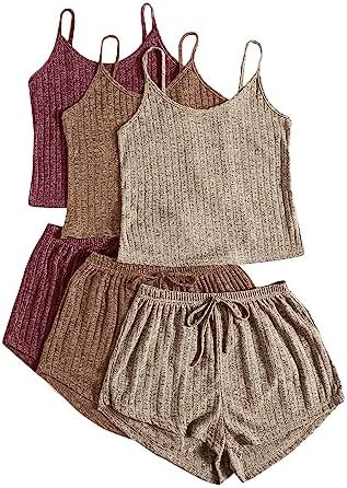 GORGLITTER Women's 3 Sets Ribbed Pajamas Set Sleeveless Crop Top and Tie Front Shorts Lounge Set ... | Amazon (US)