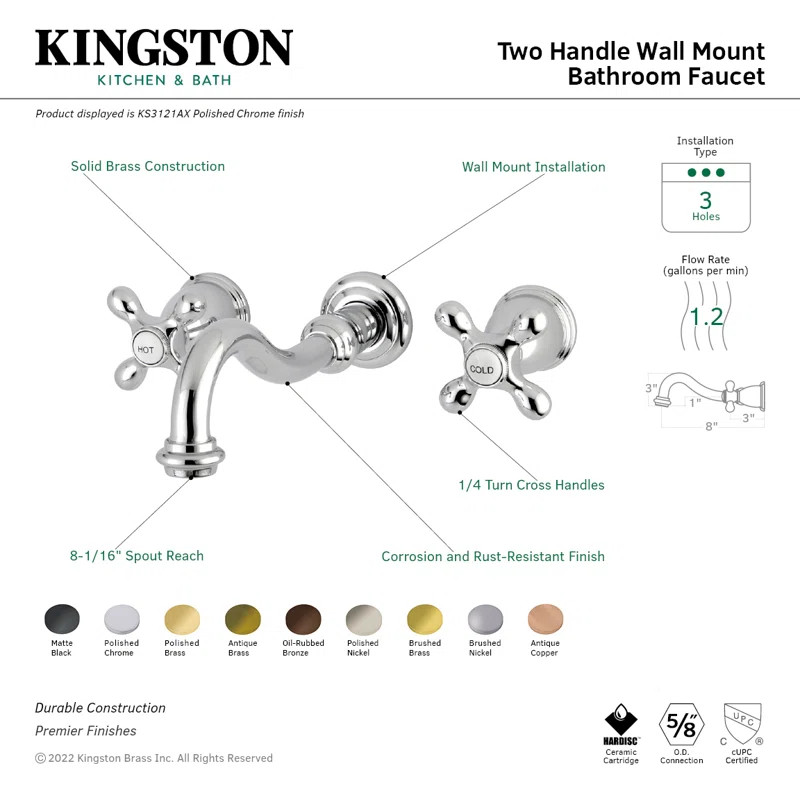 Kingston Brass Vintage Two-Handle 3-Hole Wall Mount Bathroom Faucet | Wayfair North America