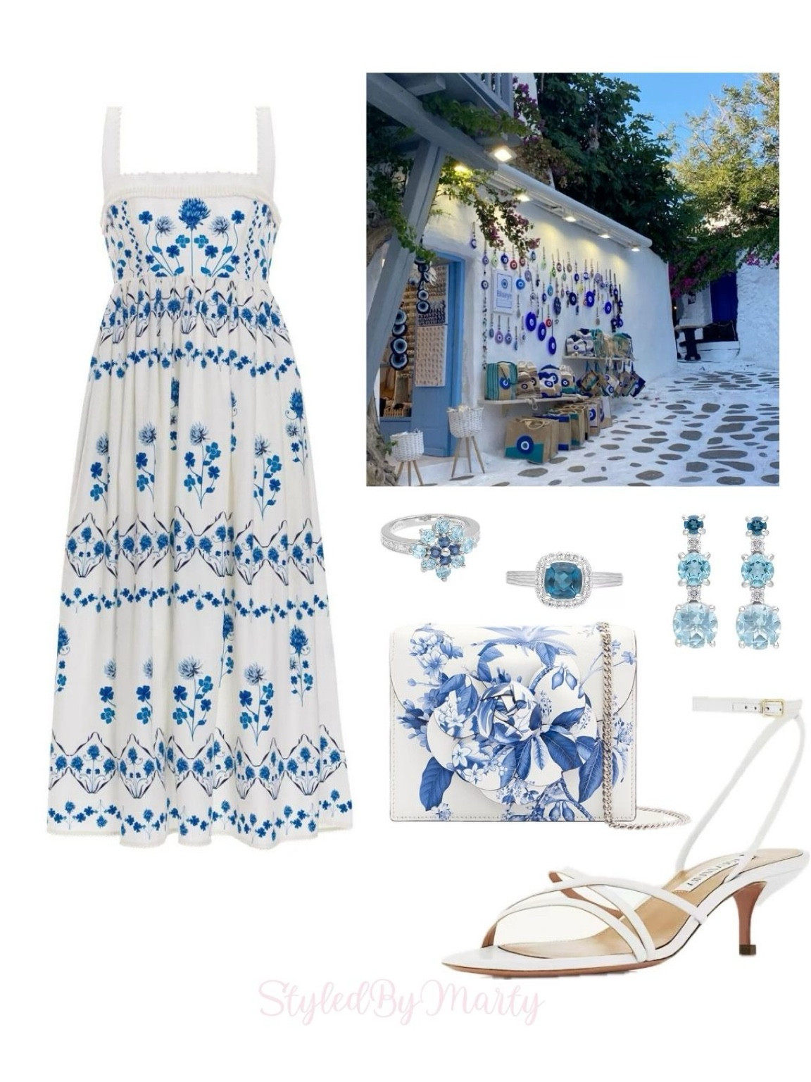 Summer dress, summer outfit, summer style, vacation outfit, vacation dress, mamma mia summer, Greece vacation, Greece outfits, Greece dress, printed mini dress, white and blue dress, midi dress, floral shoulder bag, designer bag, blue topaz earrings, blue topaz ring 

#LTKSeasonal #LTKStyleTip #LTKItBag