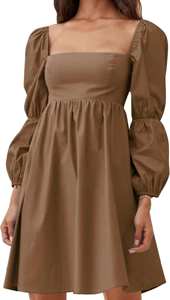 EXLURA Womens Square Neck Dress Long Puff Sleeve A-Line Casual Short Mini Dresses | Amazon (US)