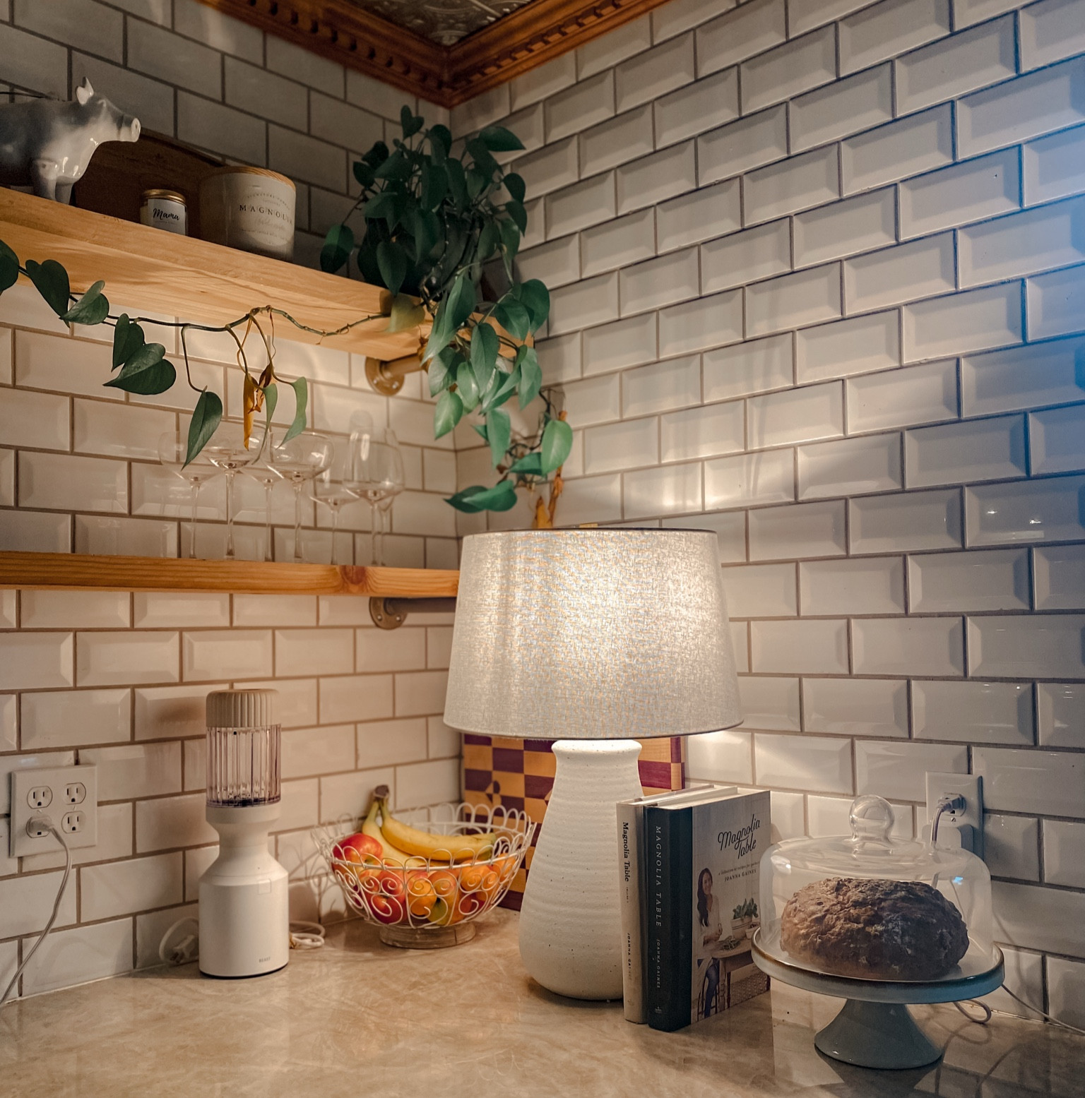 our moody kitchen corner. obsessed with styling the open shelving with cute but practical things. love the counter to ceiling subway tiles!

#LTKSaleAlert #LTKHoliday #LTKHome