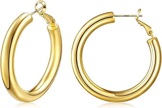 sovesi Chunky Gold Hoop Earrings for Women with 925 Sterling Silver Post, 14K Gold Plated Thick G... | Amazon (US)