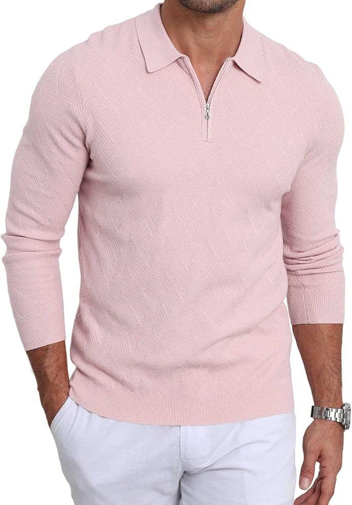 Lexiart Men's Knit Polo Long Sleeve Slim Fit Textured Collared Quarter Zip Sweater Casual Lightwe... | Amazon (US)