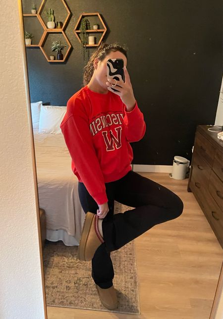 $19 Wisconsin crewneck // aerie flared leggings // dhgate ugg dupes // DH gate dupes // DH gate shoes // hm // college outfit // affordable outfit // realistic outfits // stay at home mom outfit

#LTKSeasonal #LTKU #LTKstyletip