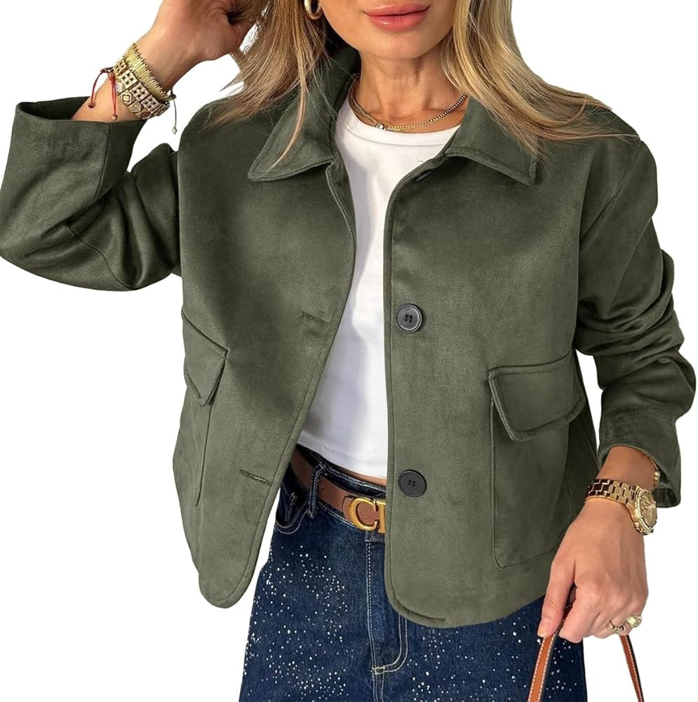 Tankaneo Womens Faux Suede Leather Jackets Casual Cropped Coats Vintage Button Down Shackets | Amazon (US)