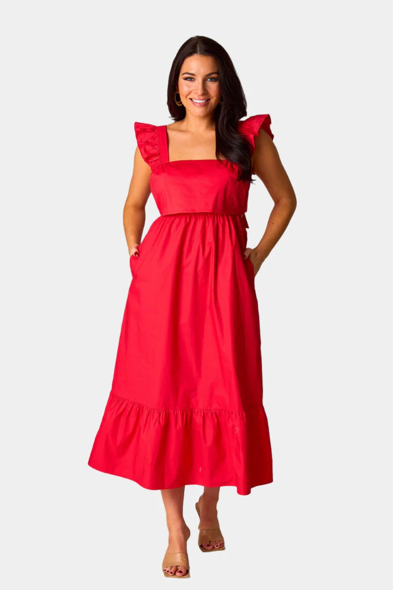 BuddyLove | Beverly Ruffle Sleeve Midi Dress | Red | BuddyLove