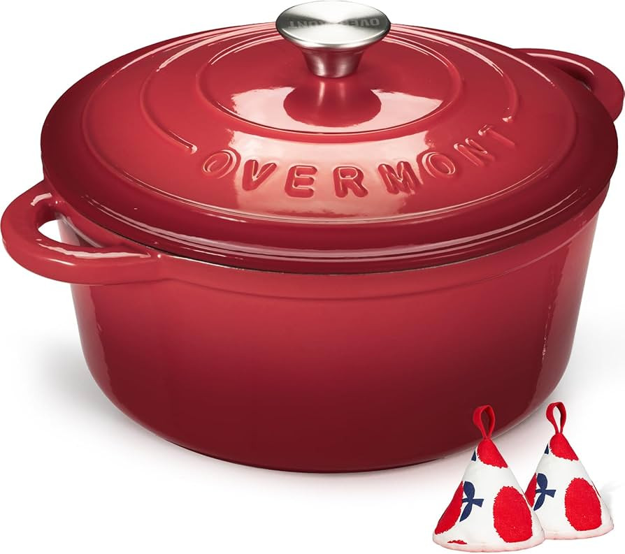 Overmont Enameled Cast Iron Dutch Oven - 7QT Pot with Lid Cookbook & Cotton Potholders - Heavy-Du... | Amazon (US)