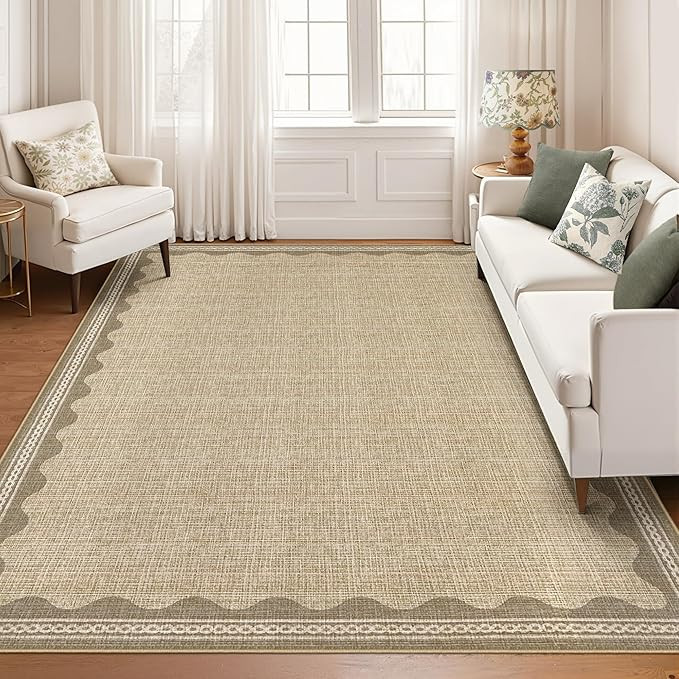 GarveeHome Scalloped Washable 8x10 Rug for Living Room Non-Slip Solid Tan Jute Digital Printing M... | Amazon (US)