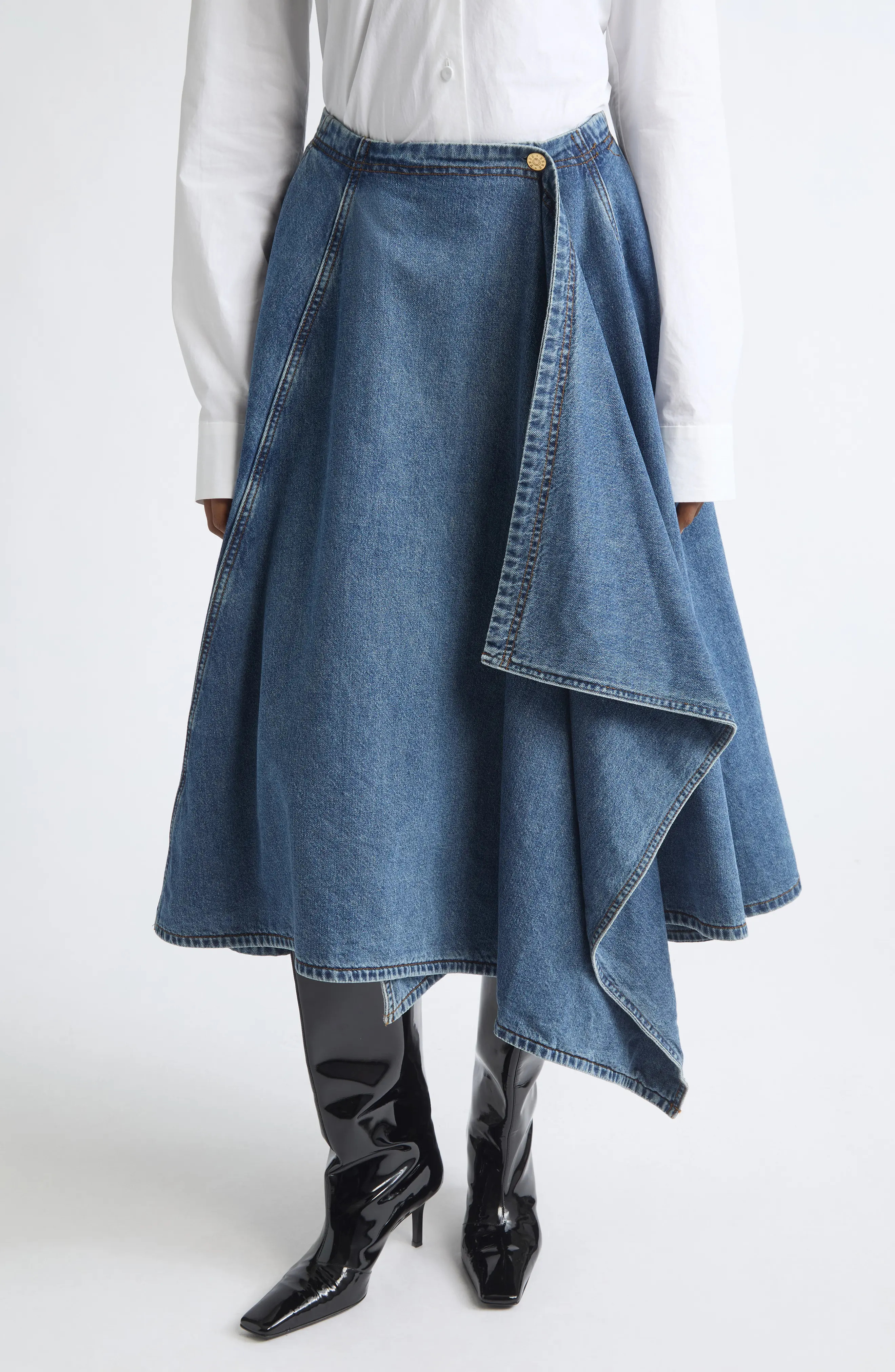 EENK Side Drape Banded Midi Skirt in Blue Denim at Nordstrom, Size Small | Nordstrom