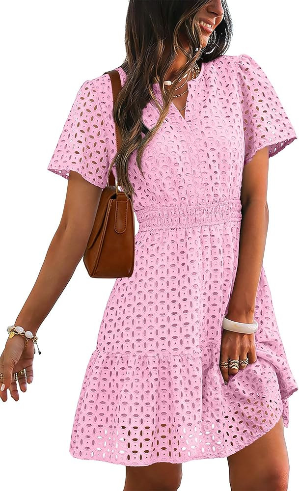 RUMIA Womens Dresses 2026 Summer V Neck Eyelet Lace A Line Short Spring Wedding Guest Dress | Amazon (US)