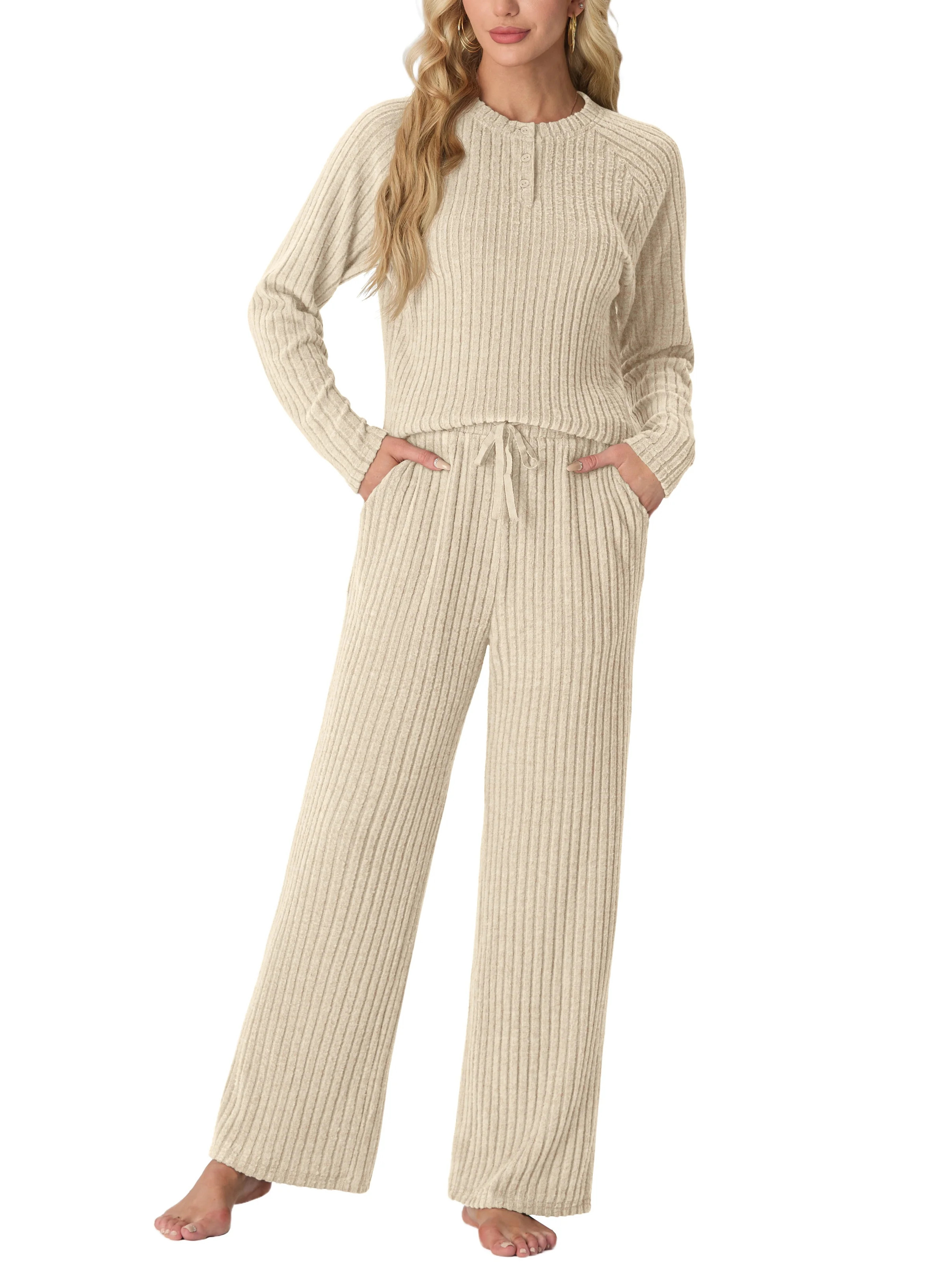 MINTREUS Women's Pajama Set Long Sleeve Lounge Set Ribbed knit Sleepwear Two Piece Pjs Set with P... | Walmart (US)