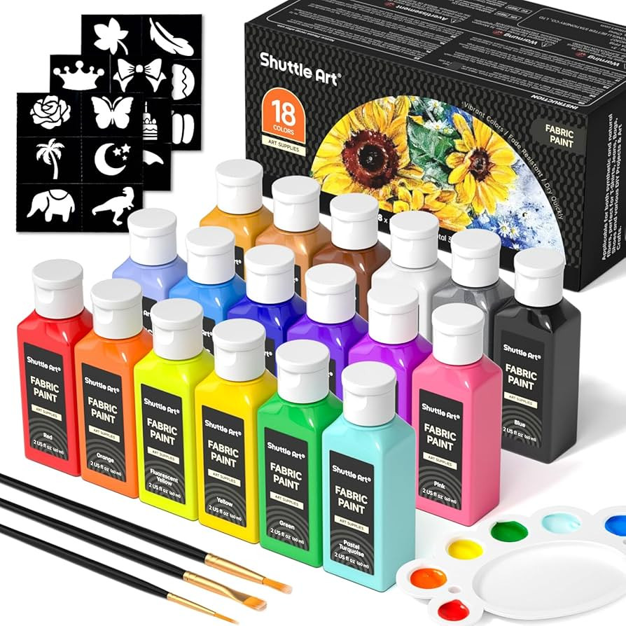 Shuttle Art Fabric Paint, 18 Colors Permanent Soft Fabric Paint in Bottles (60ml/2oz) with Brushe... | Amazon (US)