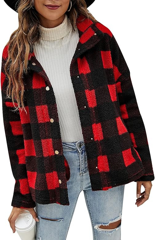 Blooming Jelly Women's Sherpa Jacket Fleece Buffalo Plaid Shacket Teddy Coat Button Down Shirt Lo... | Amazon (US)