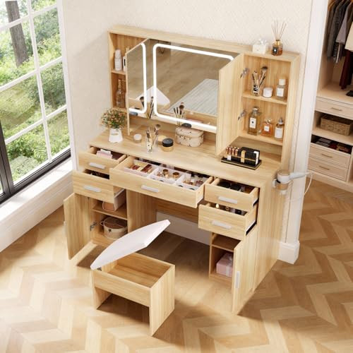Airynee Vanity Desk with Mirror and Lights, Makeup Vanity with 7 Drawers, Large Vanity Table Set with Tri-Folding Mirror and Cushioned Stool, 3 LED Light Modes, Power Outlet, Perfect for Bedroom, Oak | Amazon (US)